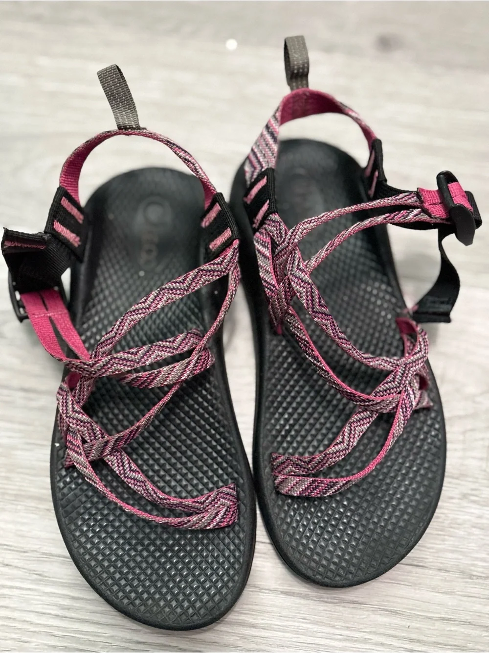 Chaco Girls Pink Patterned Strap Sandals on Black Footbed
